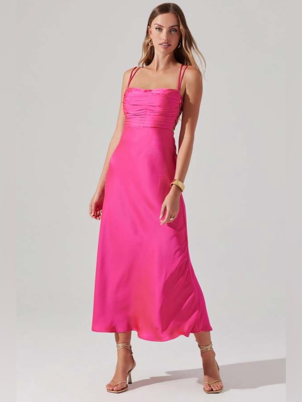ASTR Antlia Hot Pink Satin Strappy Midi Dress XS Lace Up Prom Formal Wedding